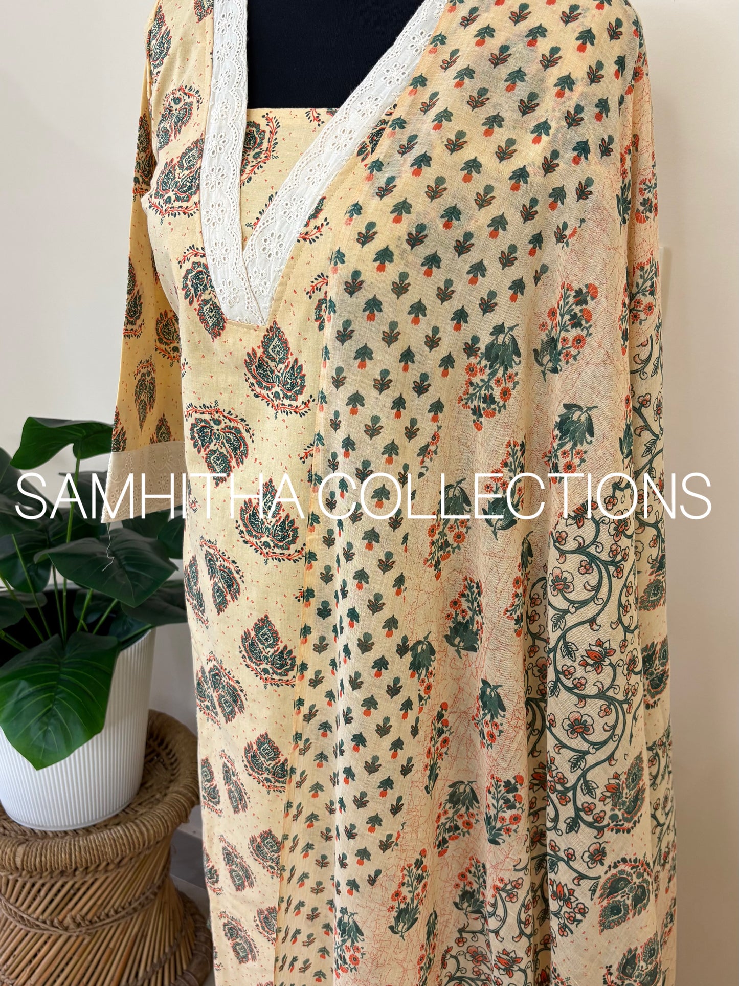 SC3190 - Soft Cotton Jaipuri printed fully stitched 3 piece kurti sets, Beige colour with Green prints