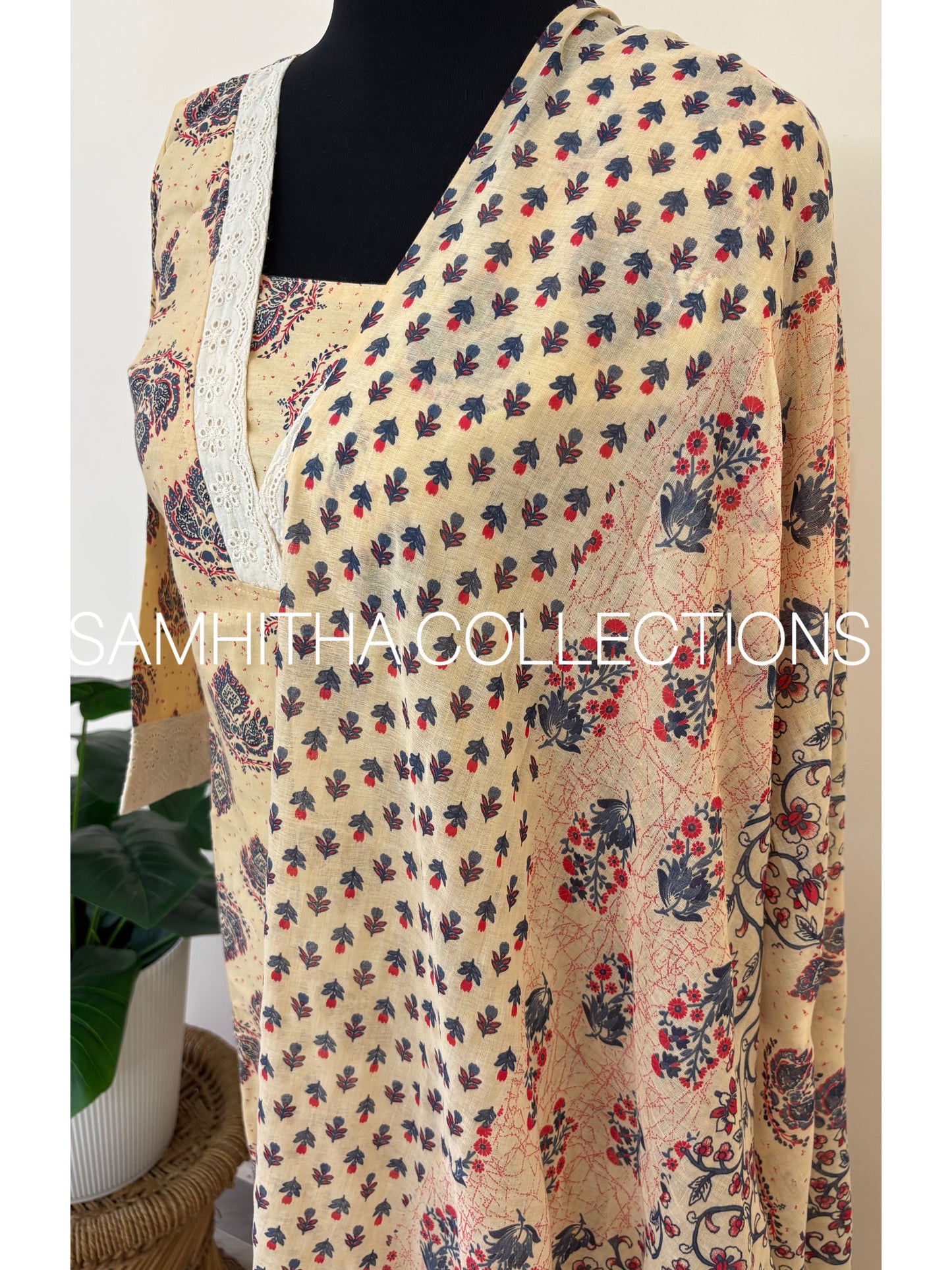 SC3195 - Soft Cotton Jaipuri printed fully stitched 3 piece kurti sets, Beige colour with Blue prints
