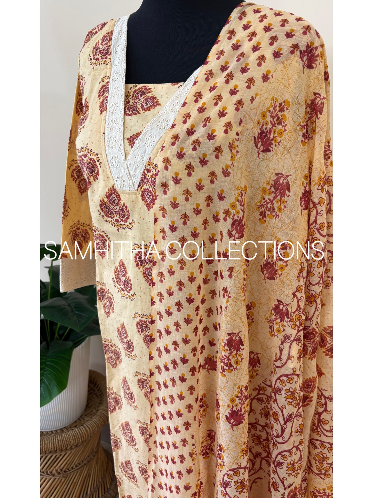 SC3200 - Soft Cotton Jaipuri printed fully stitched 3 piece kurti sets, Beige colour with Maroon prints
