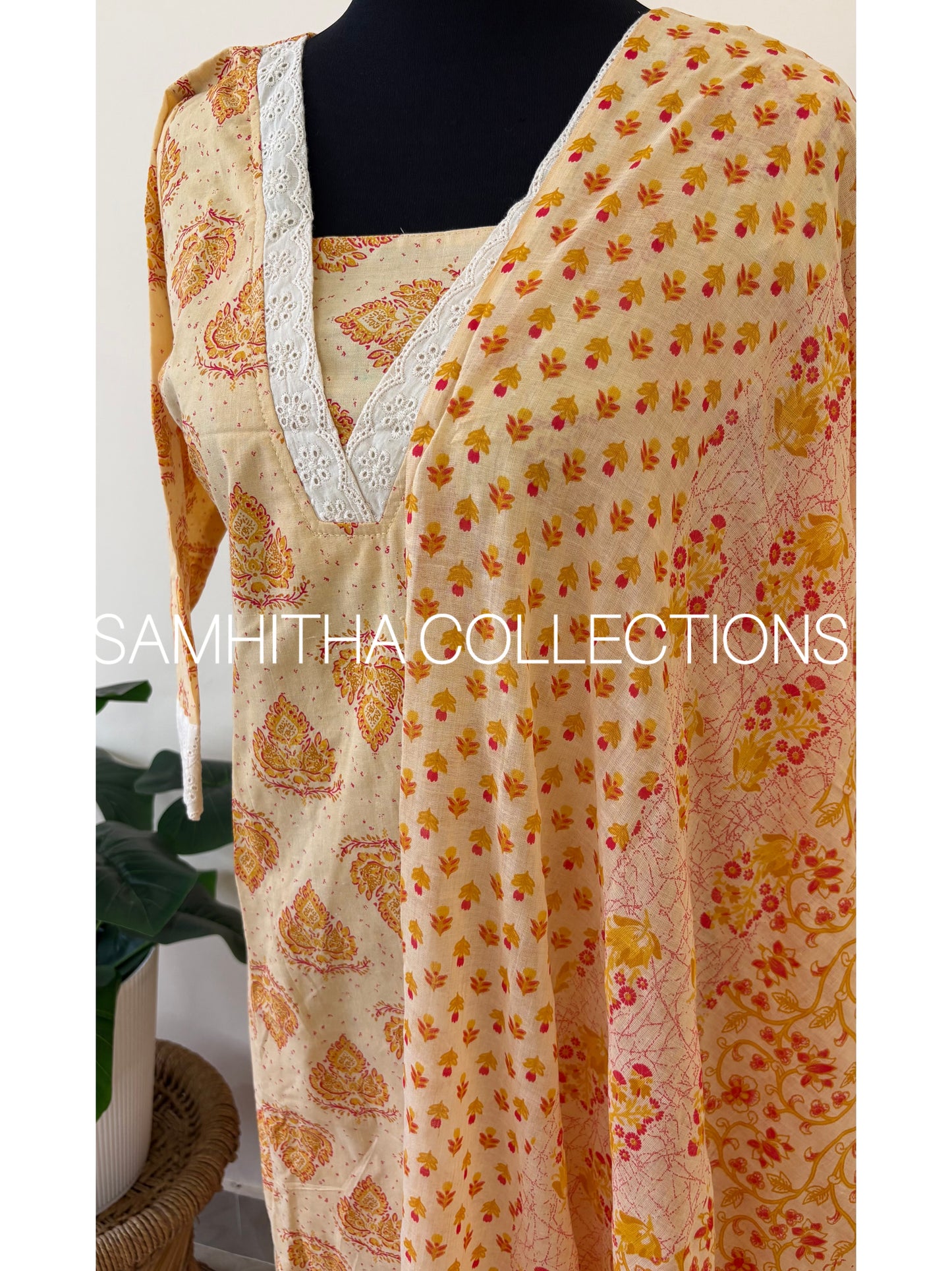 SC3205 - Soft Cotton Jaipuri printed fully stitched 3 piece kurti sets, Beige colour with Yellow prints