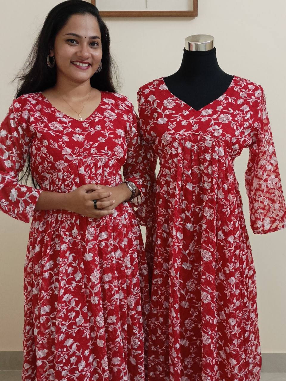 SC2262 - Christmas special Printed Georgette Aliya cut dress, L, XL and XXL sizes only available