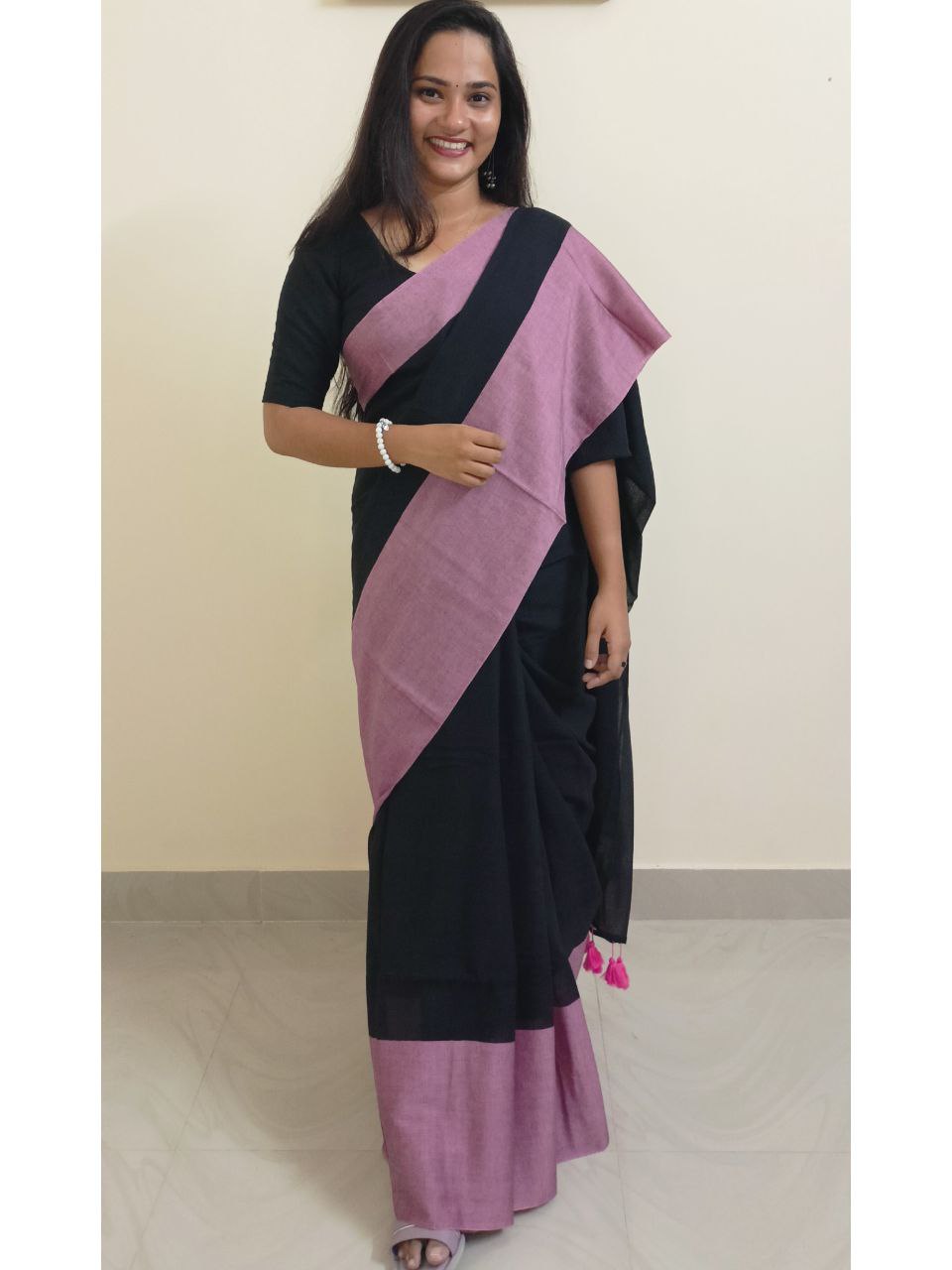 SARANGI01 - Black and pink dual shade Asymmetric Grace Sarangi Mul Cotton Sarees