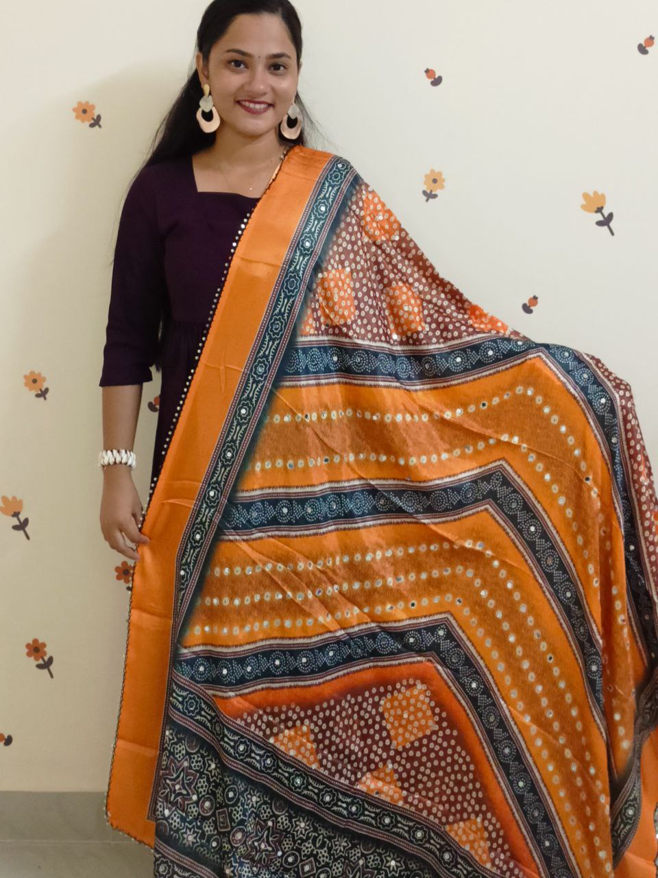 DU1213 -Muslin Silk Bandhni printed dupatta, Mango yellow shade