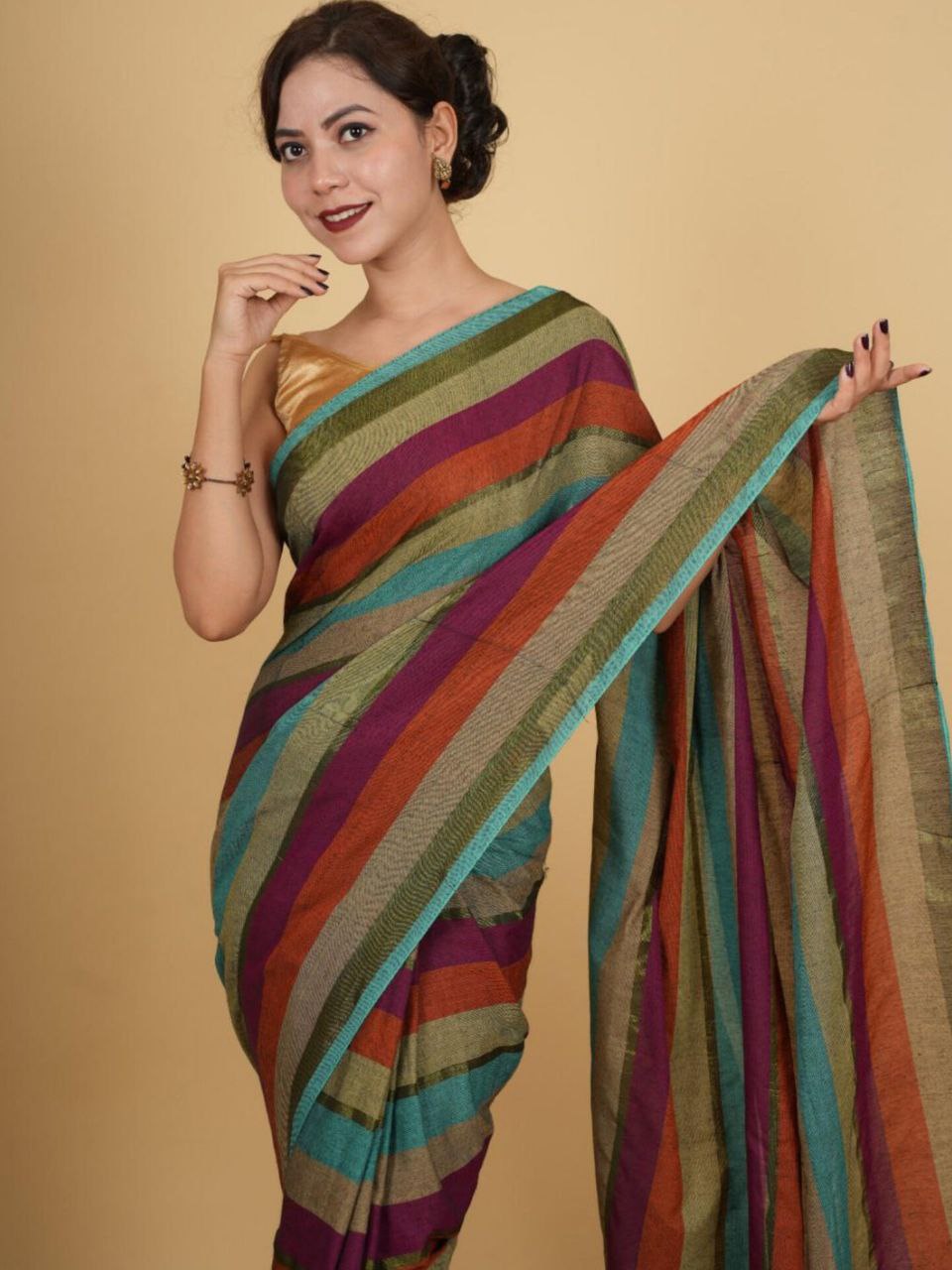 Tharangini01 - Khadi Cotton Multicolored stripe saree