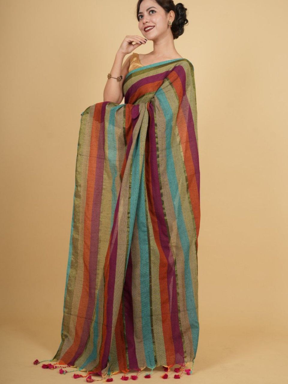 Tharangini01 - Khadi Cotton Multicolored stripe saree