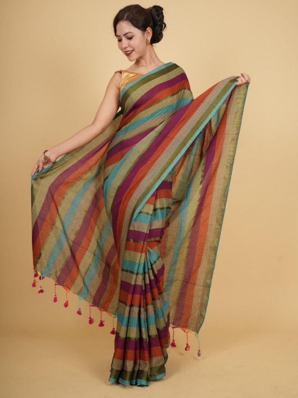 Tharangini01 - Khadi Cotton Multicolored stripe saree