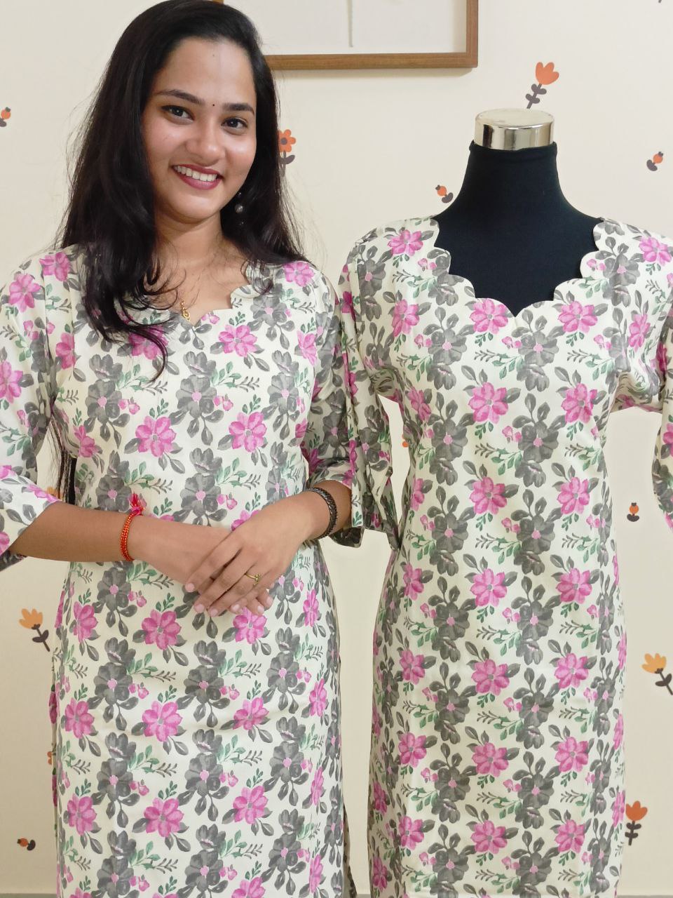 SC2493 - Premium Floral Printed Cotton Co-ord sets Pink with Grey print, L and 3XL sizes only available