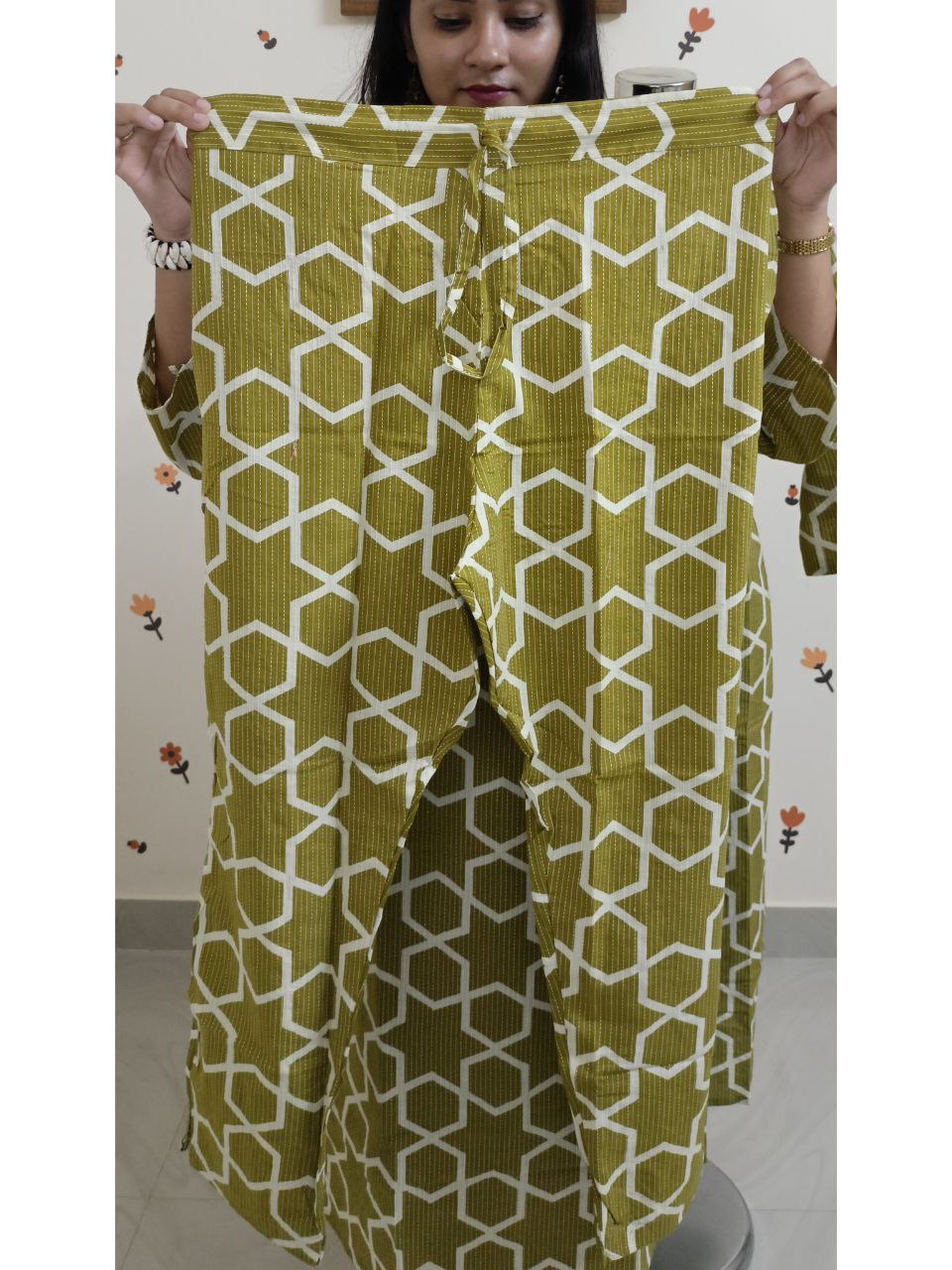 SC2511 - Kantha Cotton 2 piece Co-ord set Lemon green shade, XXL size only available