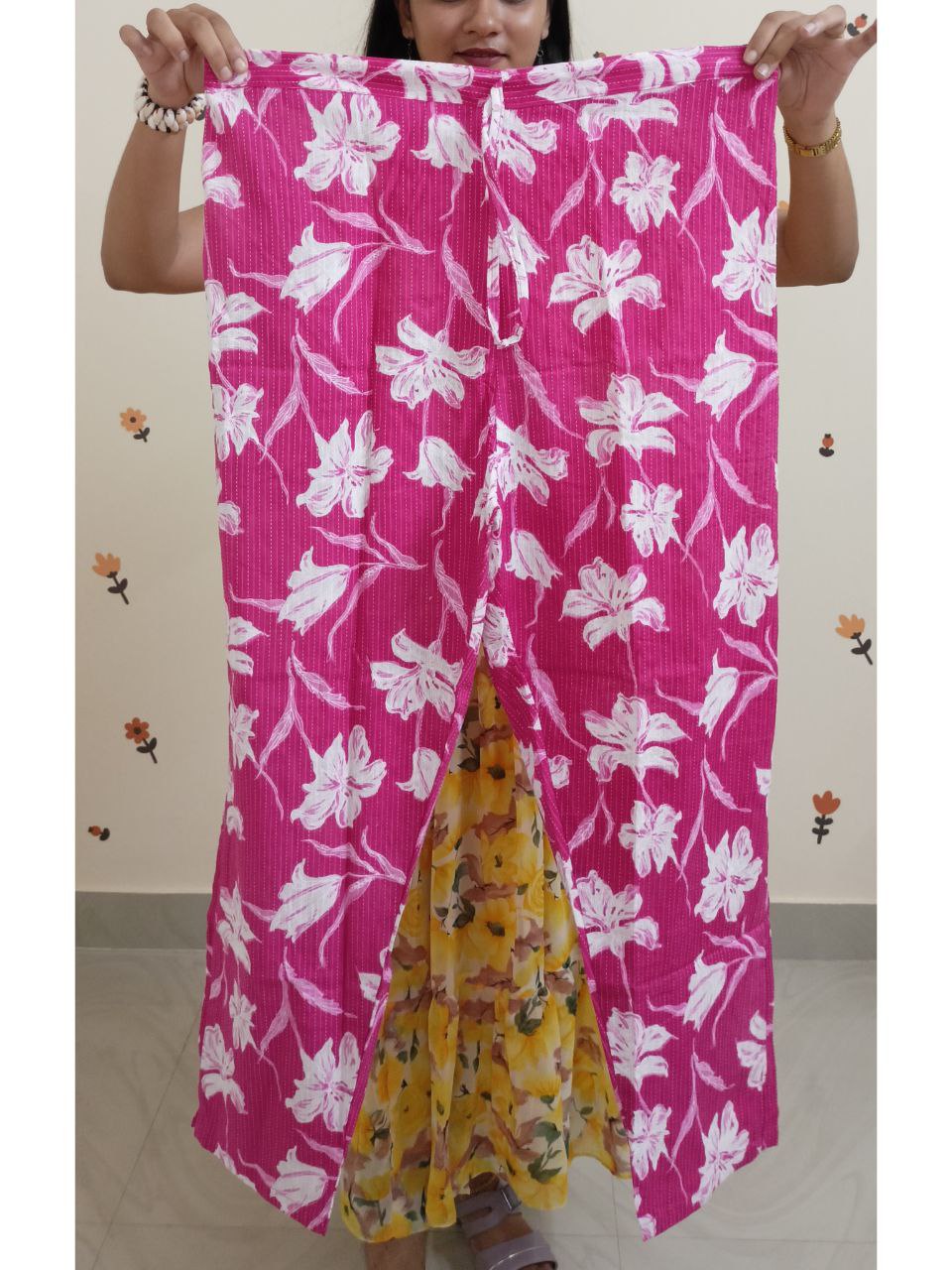 SC2521 - Plus size kantha cotton co-ord sets, kurti and bottom, Bright pink shade, 3XL and 4XL sizes only available