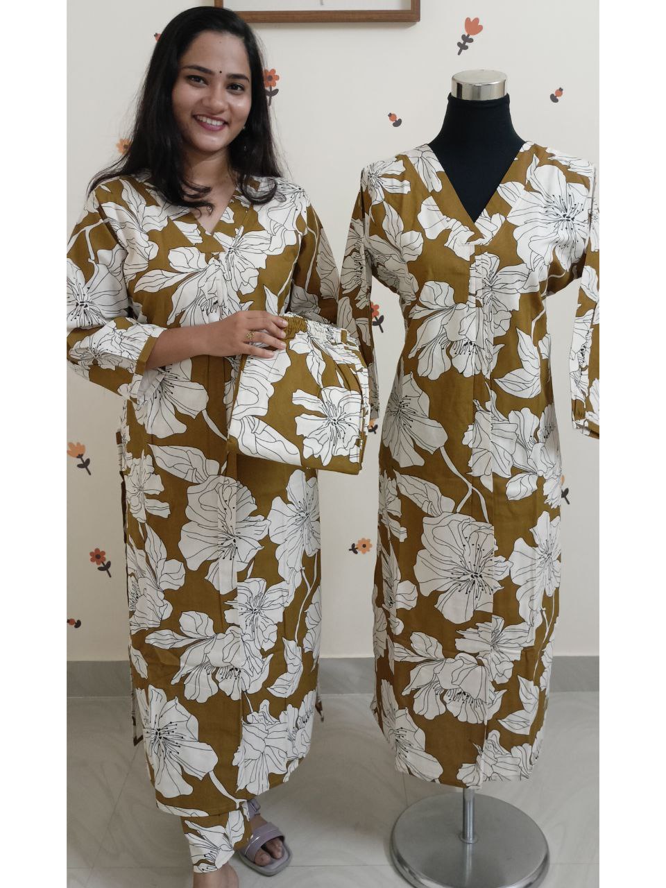 SC2529 - Premium Cora Cotton Front pleated Co-ord sets Mustard yellow shade, kurti and bottom, 2 piece sets