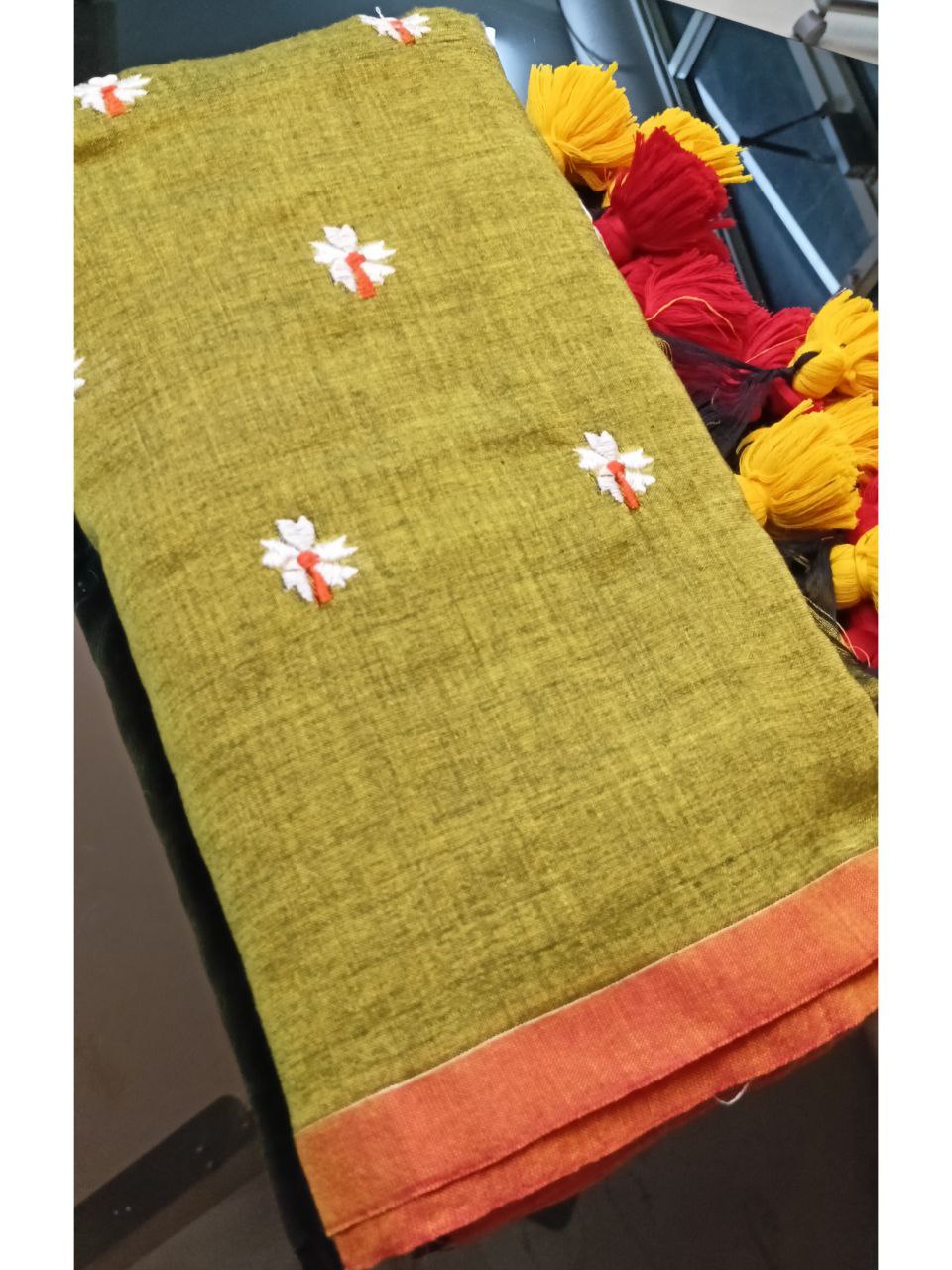 SHIULI03 : Khadi Cotton saree with shiuli flower thread embroidery Olive green shade with rust orange border