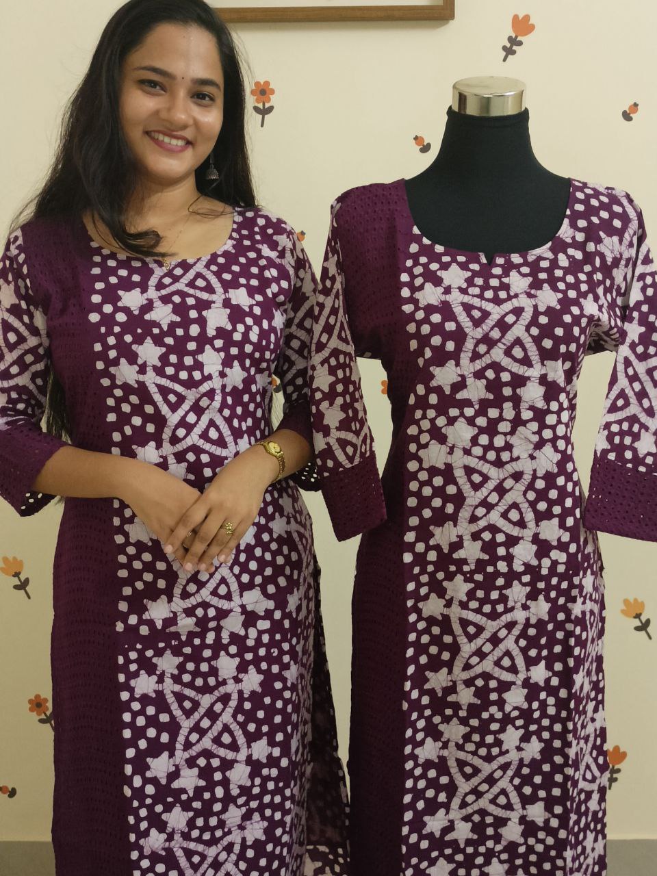 SC2561 - Premium soft cotton kurtis in a rare fusion of batik print and hakoba fabric, Wine shade,M size only available