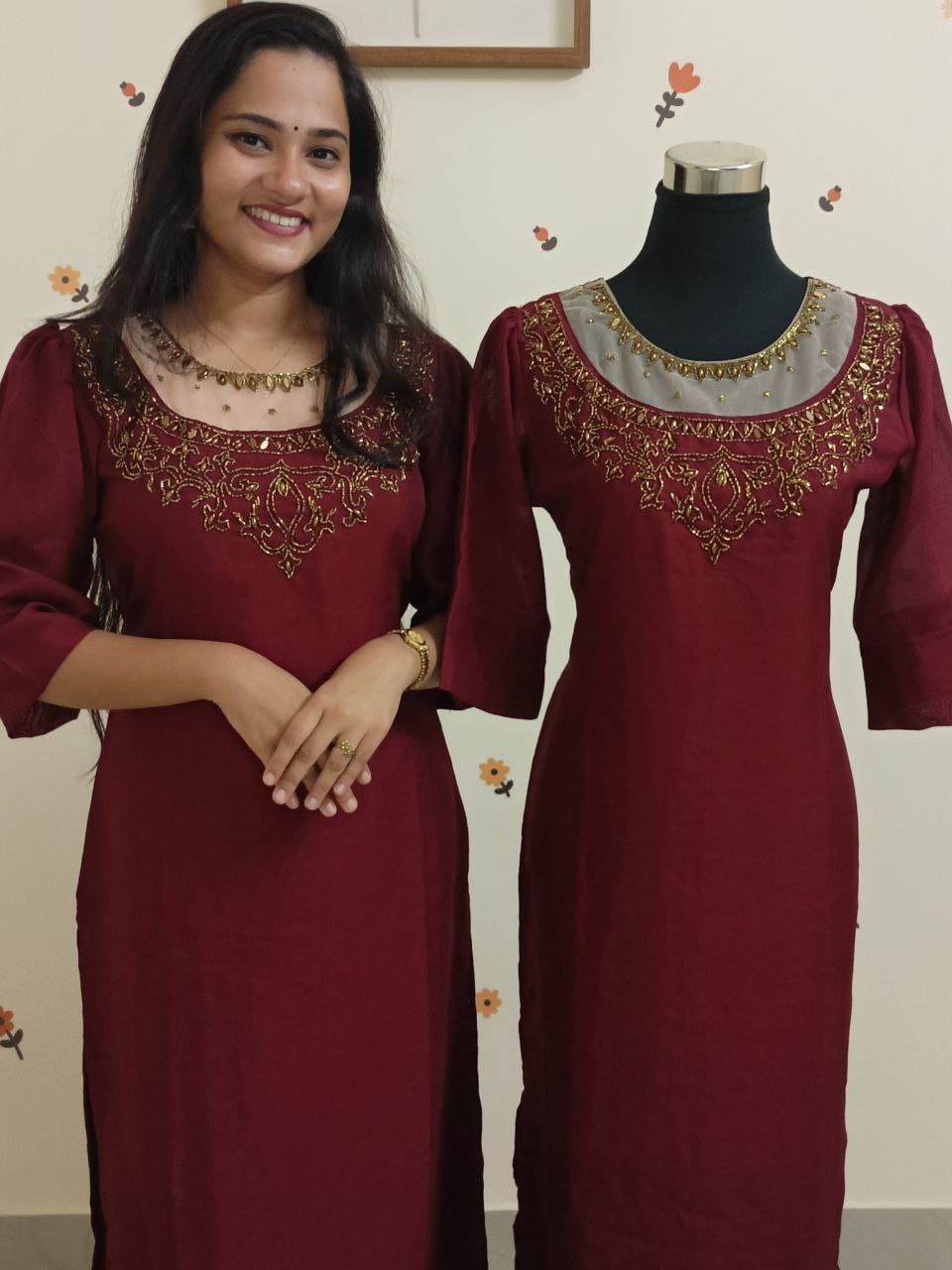 SC2593 - Premium Transparent neck Ethnic kurti set, Dark Maroon shade