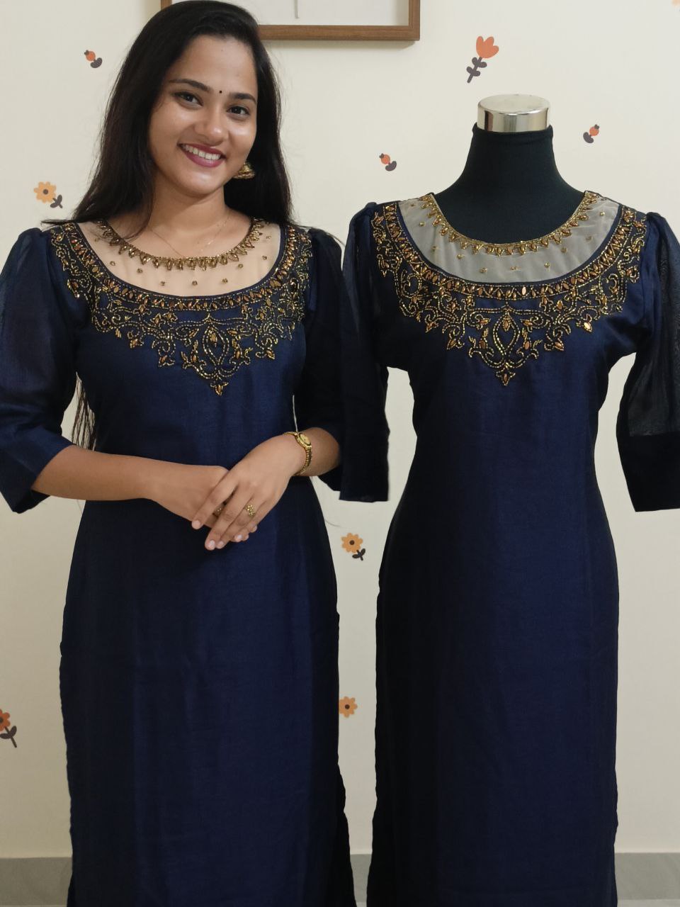 SC2589 - Premium Transparent neck Ethnic kurti set, Midnight blue shade