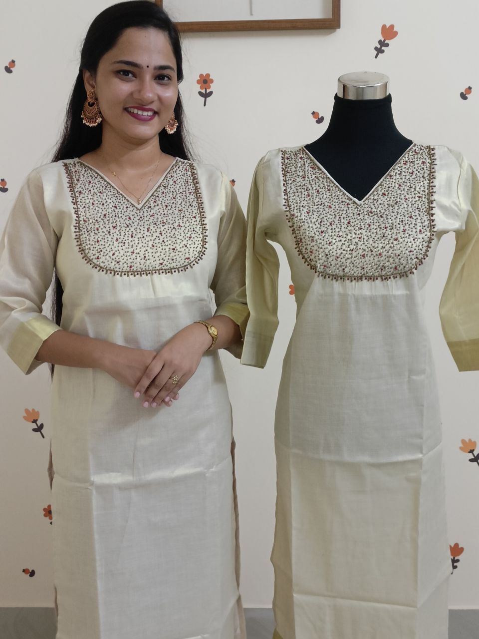 SC2617 - Onam special kerala tissue kurtis with kasavu border and heavy handwork, XXL size only available