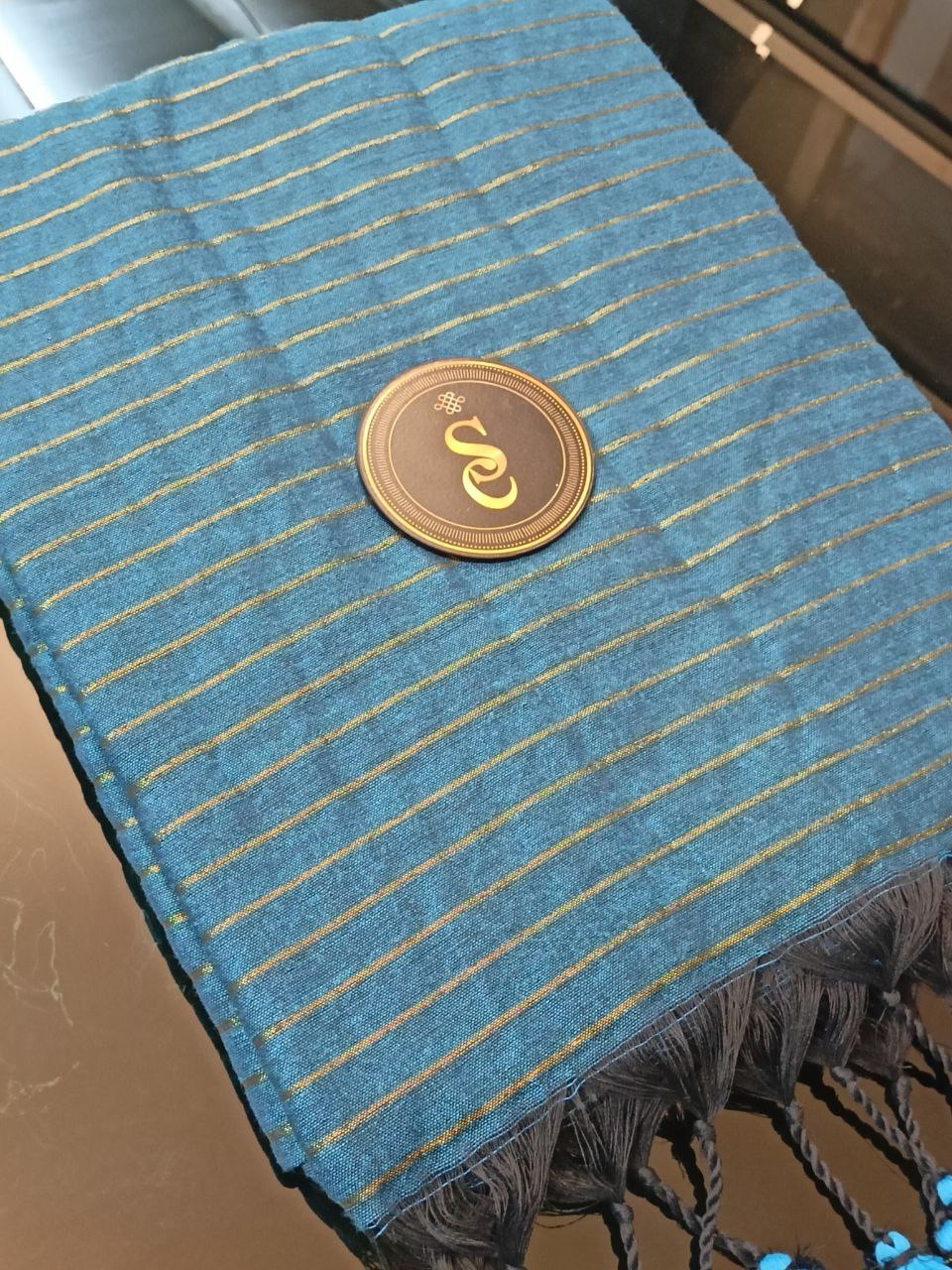 PAVITHRA06 - Pavithra saree Teal blue shade with golden jeri stripes
