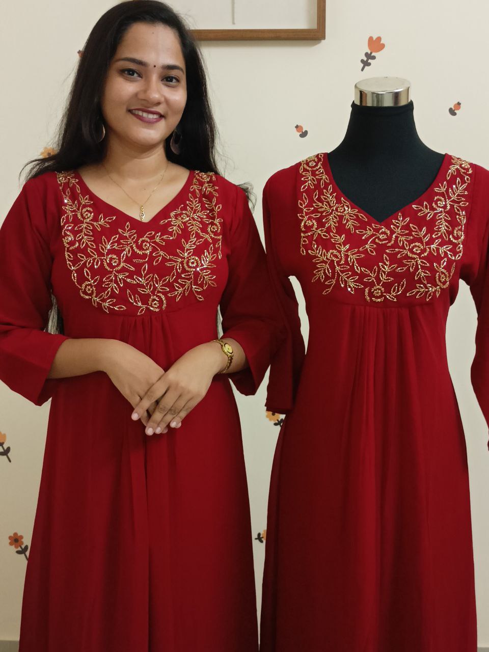 SC2668 - Heavily handworked Georgette Aline Partywear Kurtis, Crimson red shade