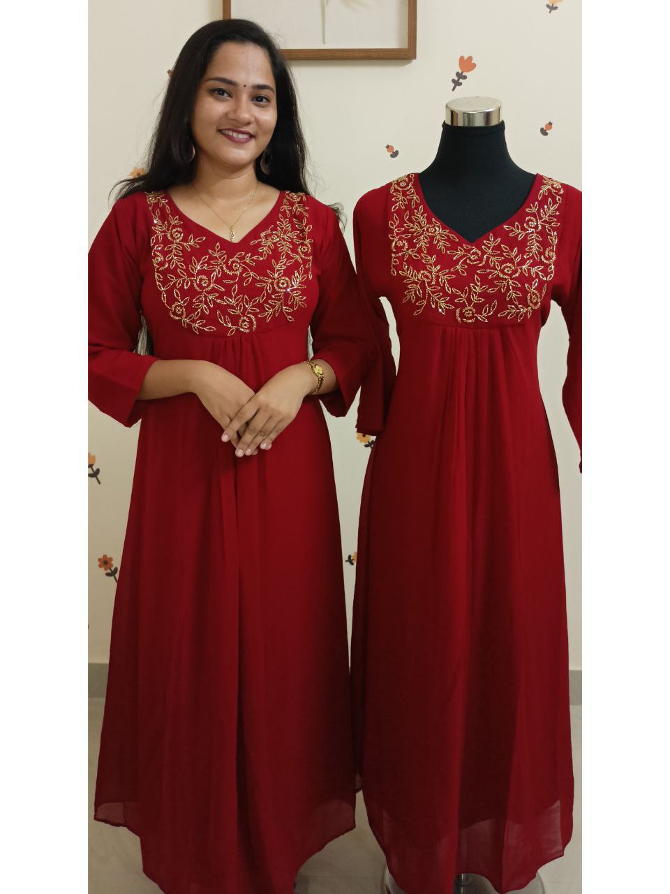 SC2668 - Heavily handworked Georgette Aline Partywear Kurtis, Crimson red shade