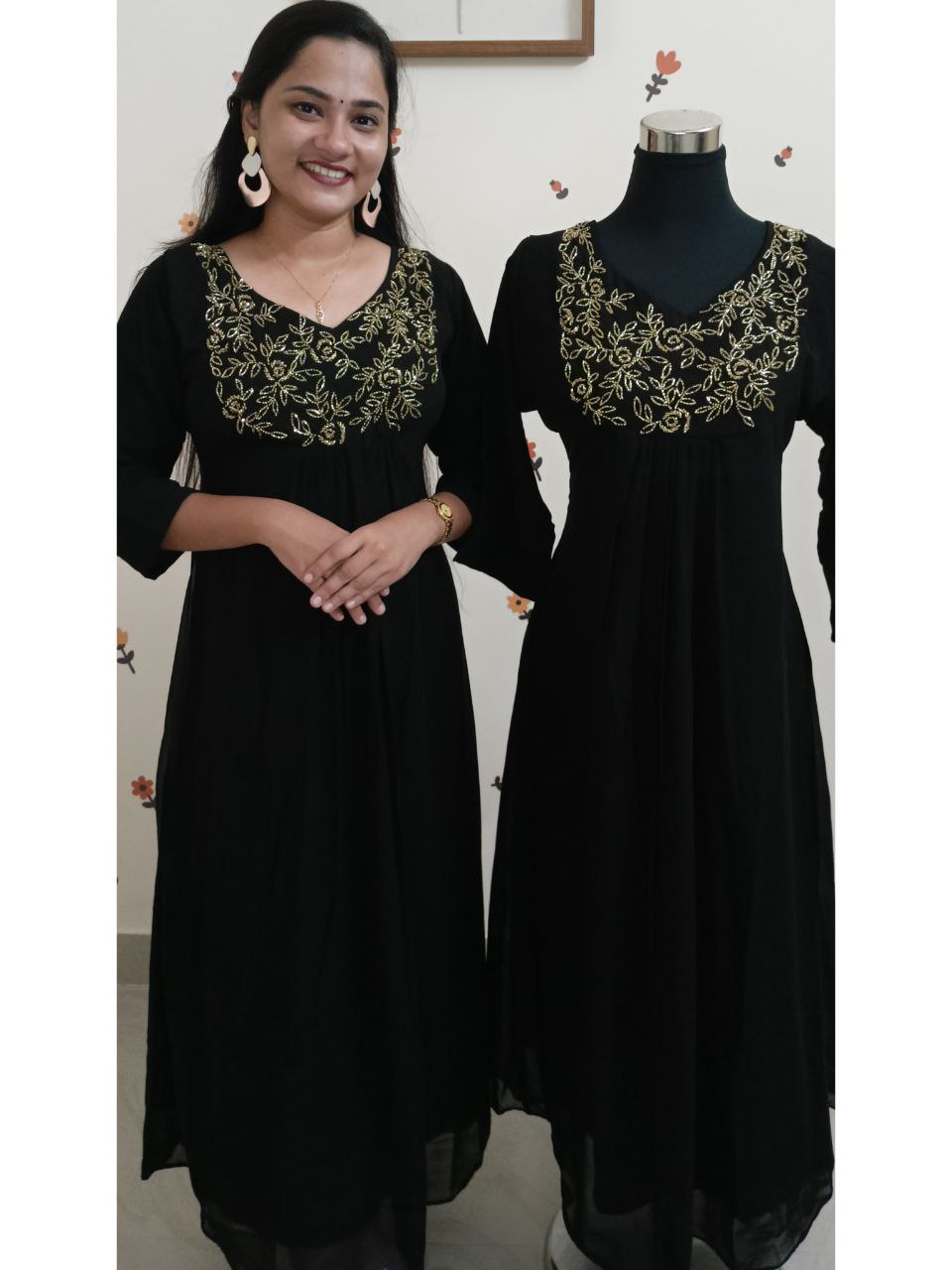 SC2672 - Heavily handworked Georgette Aline Partywear Kurtis, Jet Black