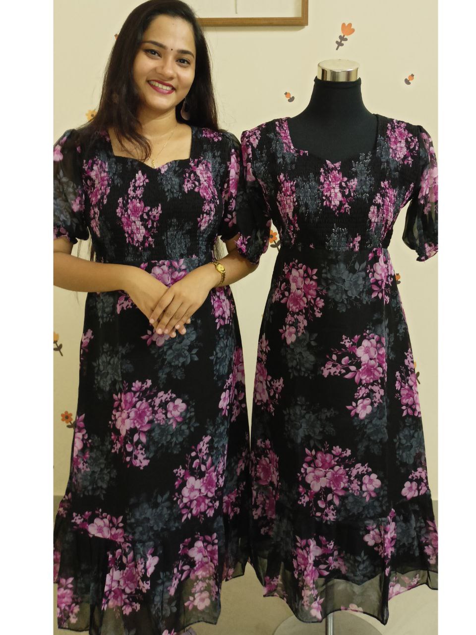 SC2676 - Printed Georgette Frock dress with smocking work on yoke