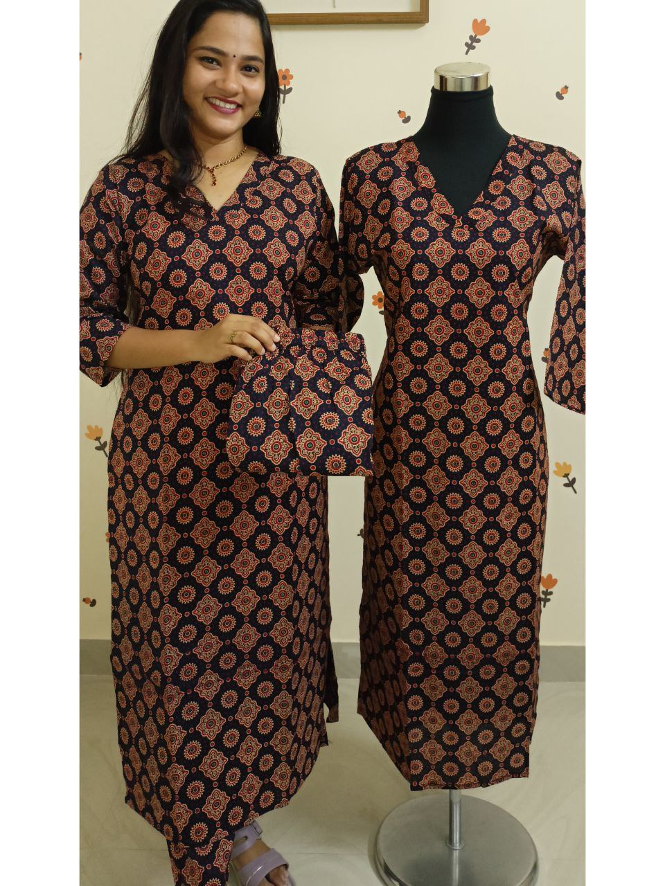 SC2689 - Ajrakh cotton co-ord sets, kurti and bottom, Indigo blue shade