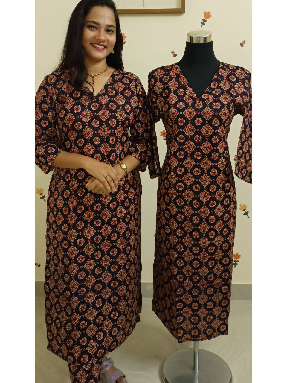 SC2689 - Ajrakh cotton co-ord sets, kurti and bottom, Indigo blue shade