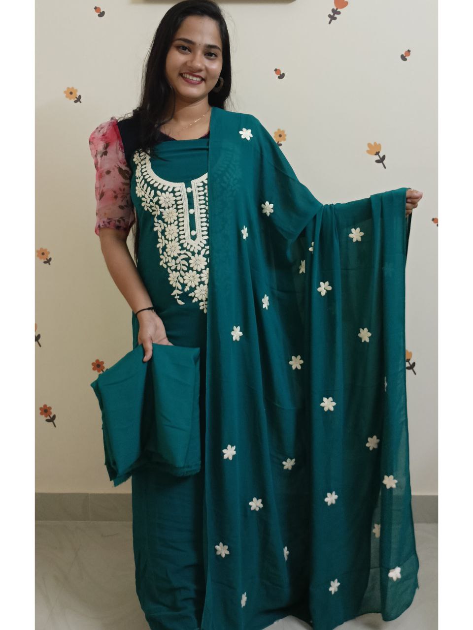SC2698 - Chikankari inspired thread embroidered Premium Georgette Salwar materials, Teal blue shade