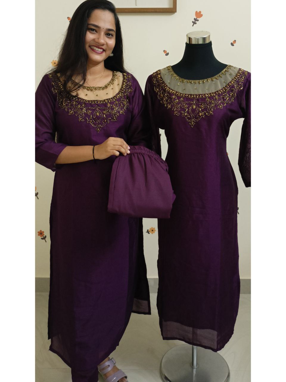 SC2699 - Premium Transparent neck Ethnic kurti set, Dark Purple Violet shade