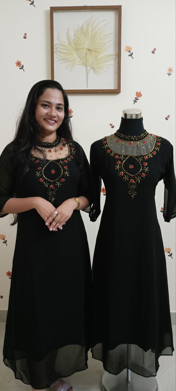 SC2720 - Jewel neck Aline kurtis, Black shade