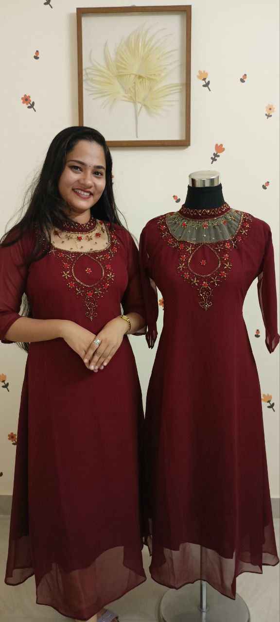SC2732 - Jewel neck Aline kurtis, Reddish maroon shade