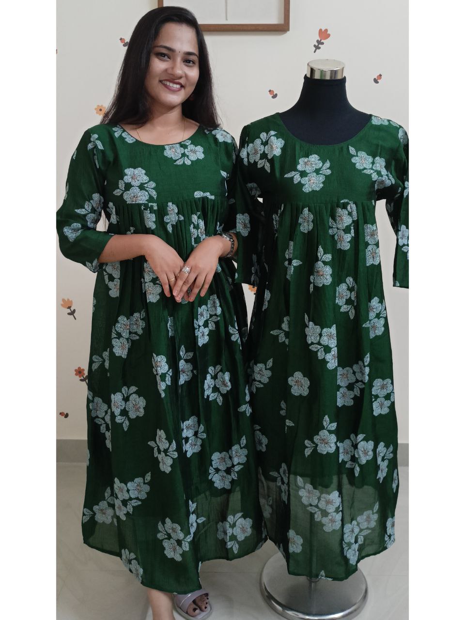 SC2750 - Christmas special Vichitra silk Front Pleated Aline dress, Green colour