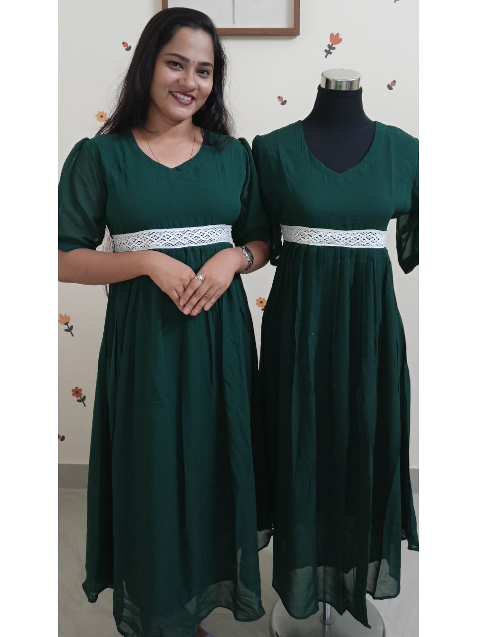 SC2766 - Georgette frock dress with puff sleeves and crochet lace detailing, Green colour