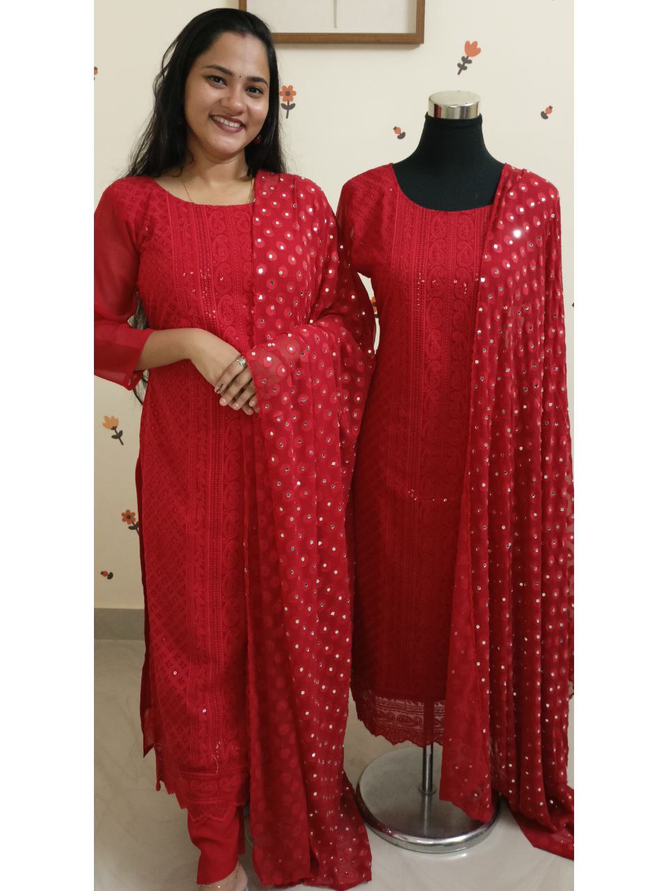 SC2790 - Christmas special Fully Stitched Schiffli embroidered 3 piece salwar sets with crepe bottom and brasso dupatta, Red shade