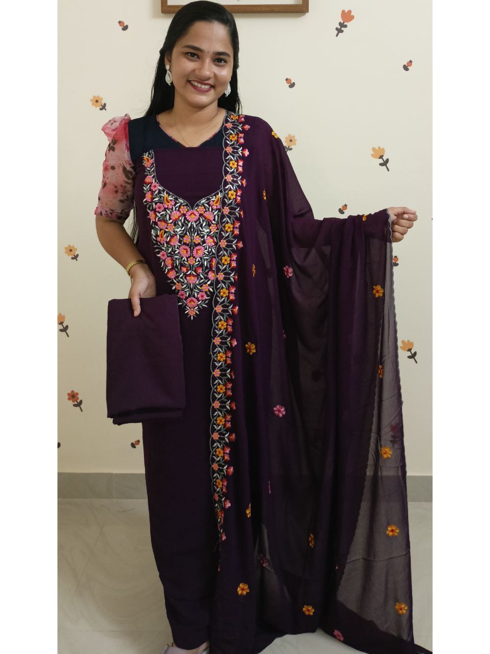 SC2865 - Multicolour Thread embroidered Party wear Georgette Unstitched Salwar materials, Grape wine shade