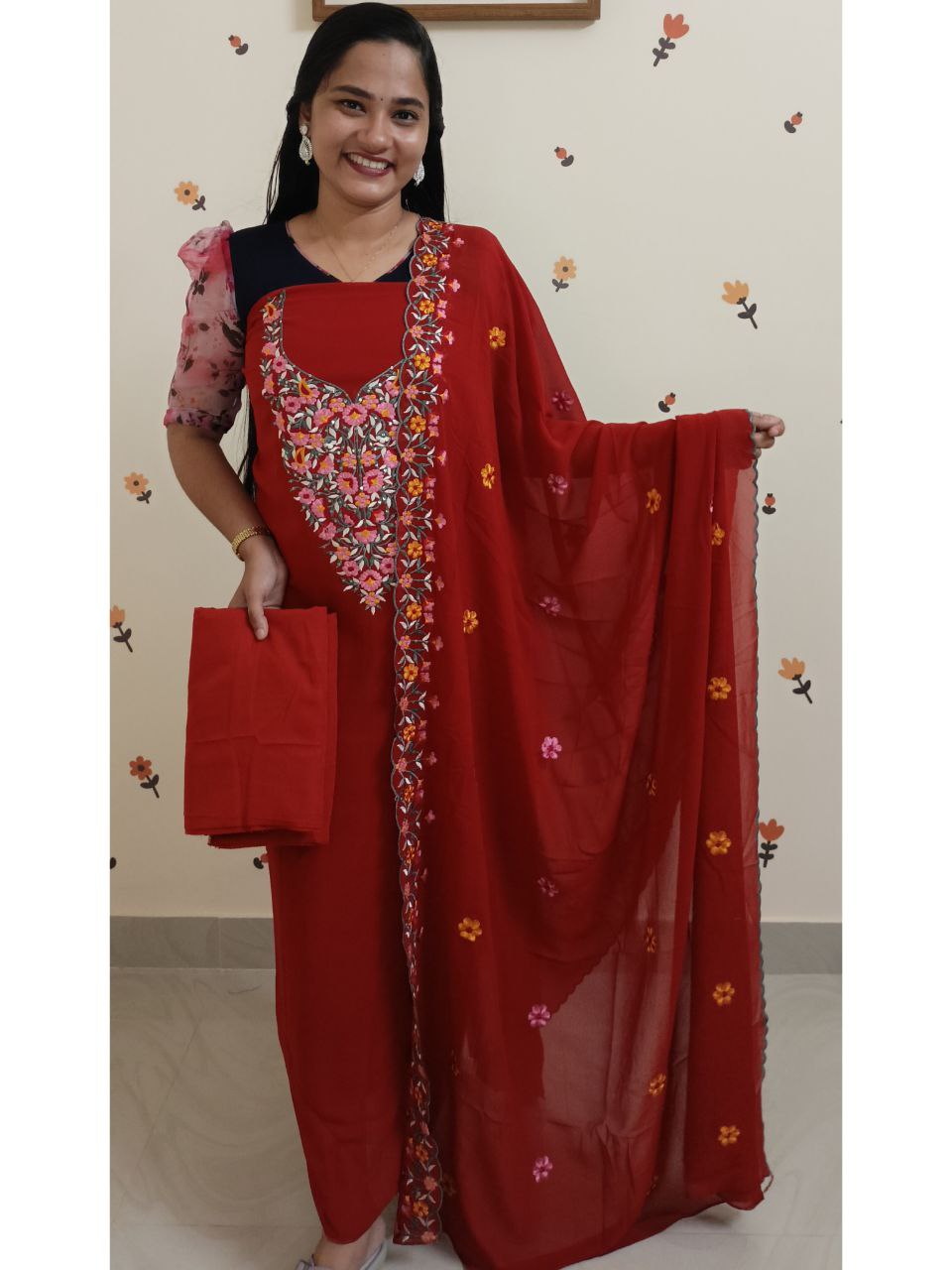 SC2868 - Multicolour Thread embroidered Party wear Georgette Unstitched Salwar materials, Rust orange shade