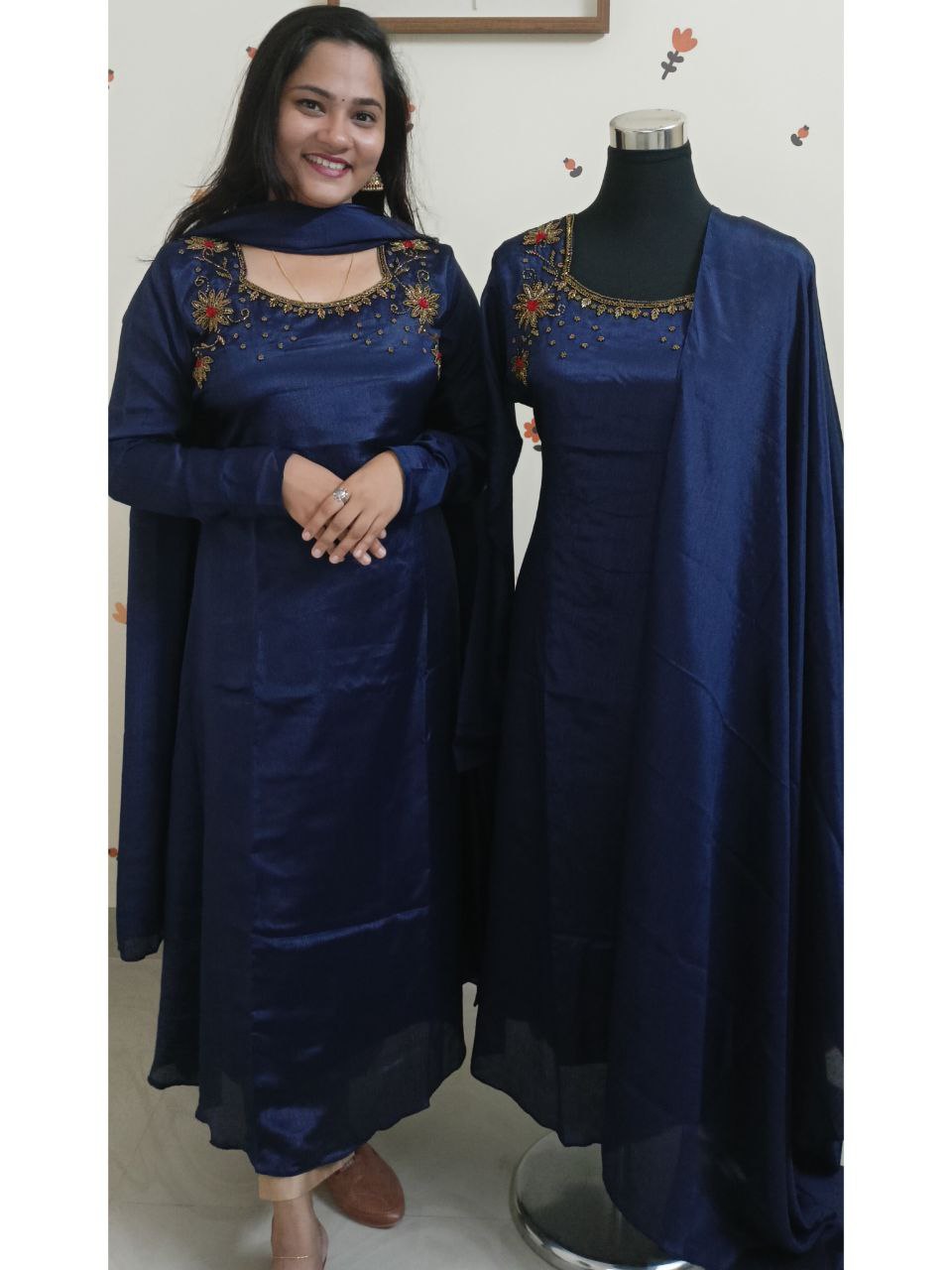 SC2907 - Pure chinnon partywear kurti with dupatta set, Midnight blue colour