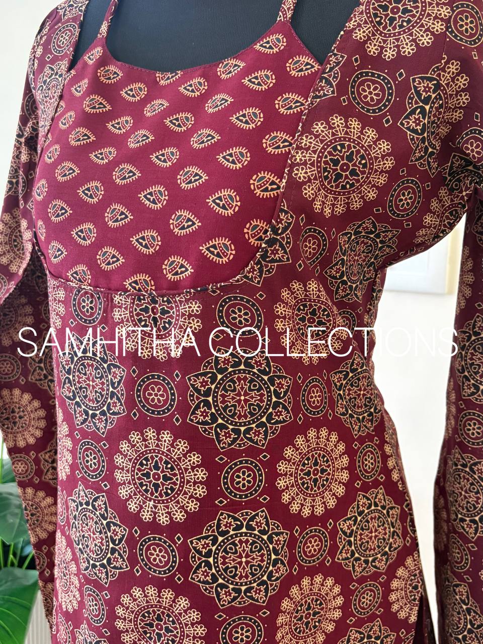 SC3085 - Comfy cotton kurtis with trending neck design, Deep Purplish Maroon colour