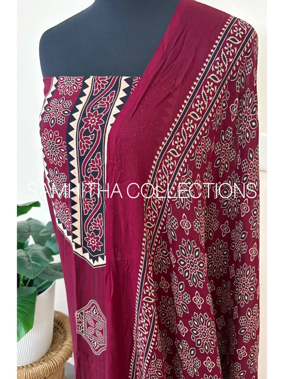 SC3124 - Cotton Rayon Salwar materials, Wine colour with black print