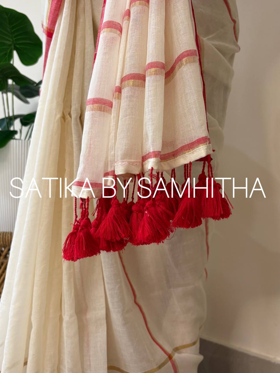 STSC30 - Pure 120 count Mulcotton Saree, Offwhite body with Red and golden stripes all over the body and borders, Pre booking open now, dispatch within 10 working days
