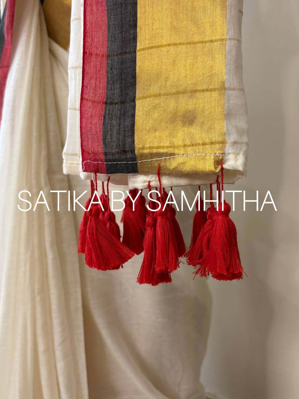 STSC31 - Pure 120 count Mulcotton Saree, Offwhite body with Crimson Red, black and golden zeri striped border and golden striped pallu, Pre booking open now, dispatch within 10 working days
