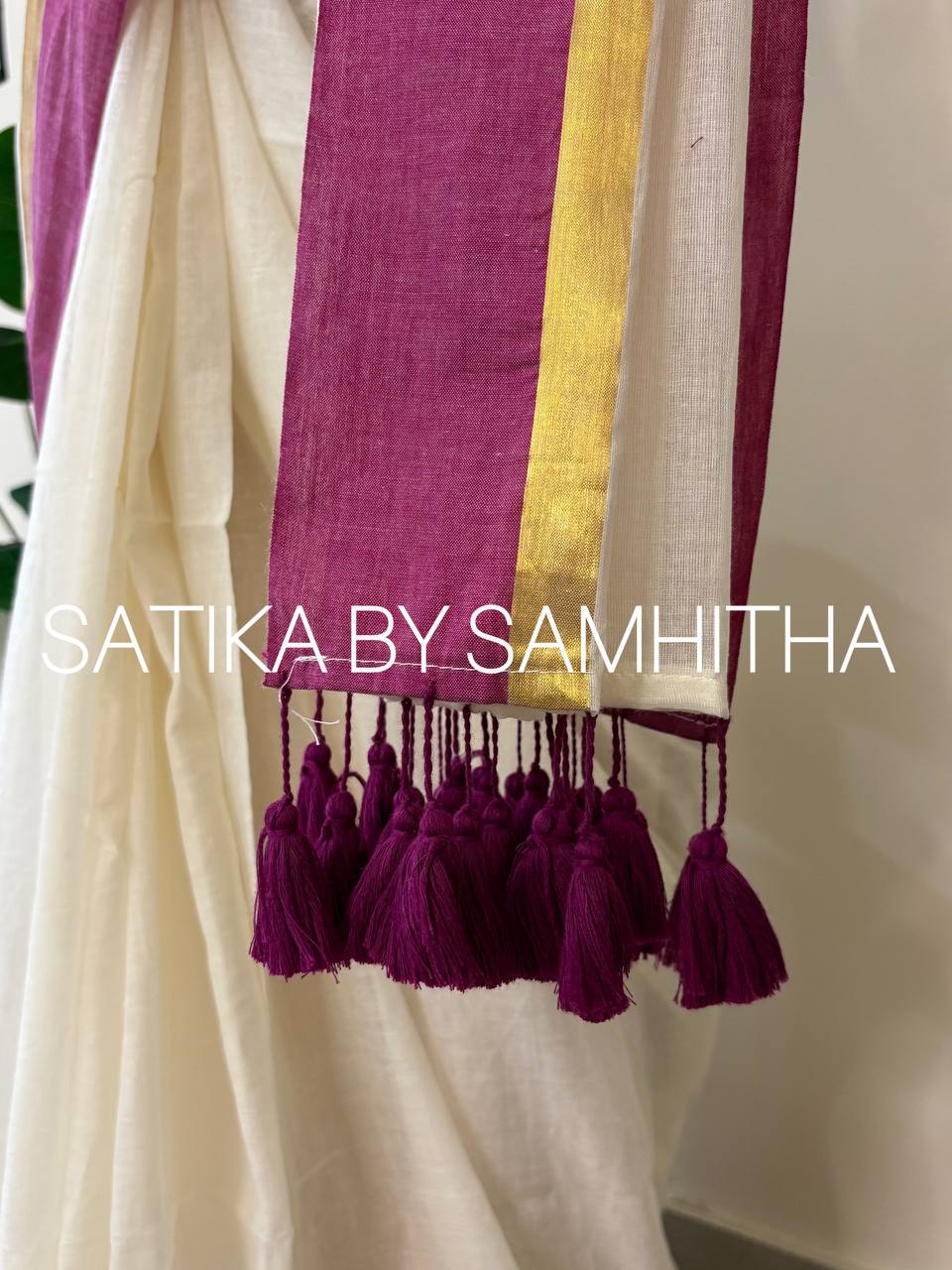 STSC32 - Pure 120 count Mulcotton Saree, Offwhite body with purple and golden zeri striped border, Pre booking open now, dispatch within 10 working days