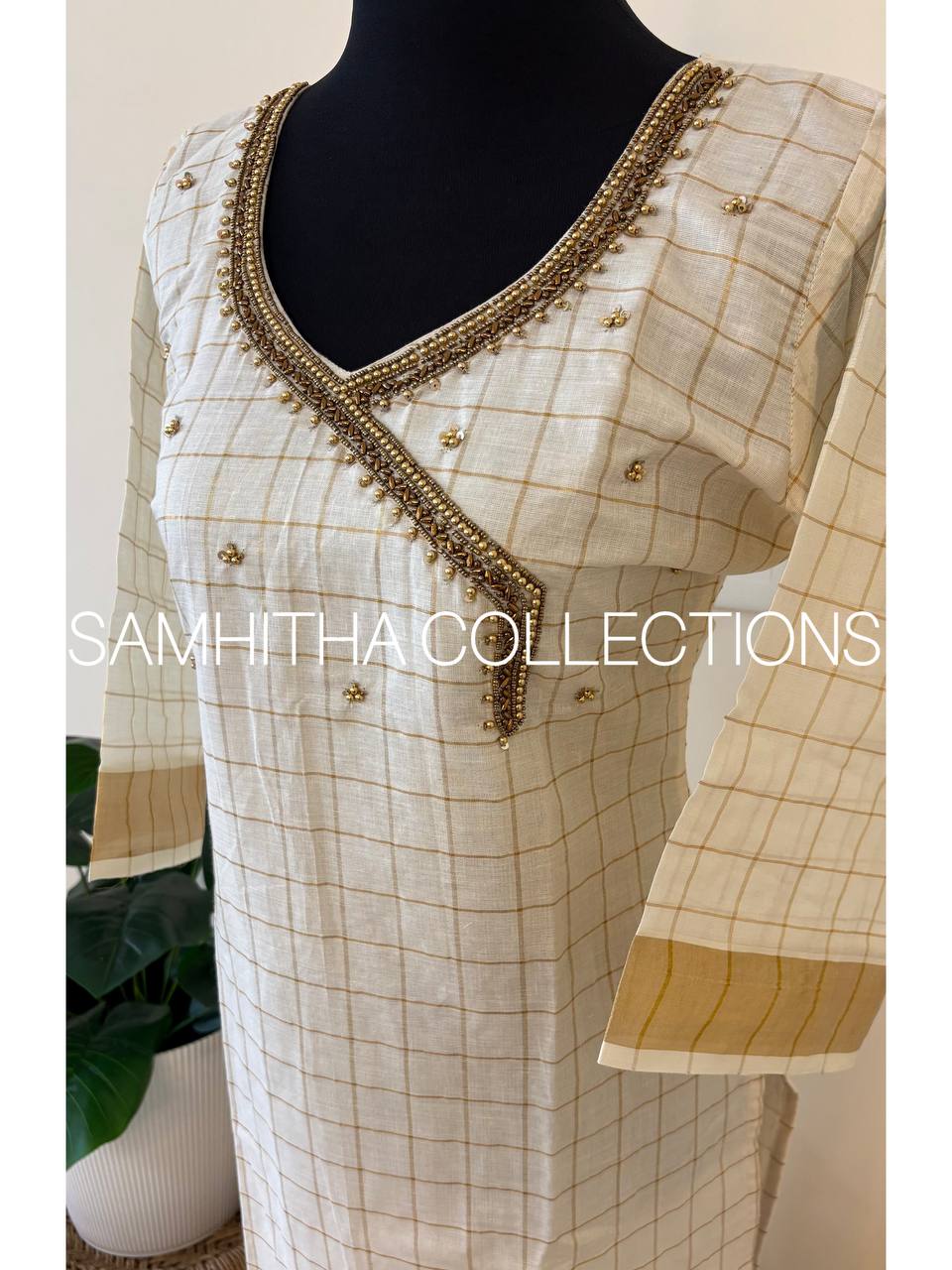 SC3210 - Premium Kerala Cotton Kasavu kurtis, Intricately handworked yoke, sleeve ends and daman line patchworked with kasavu borders