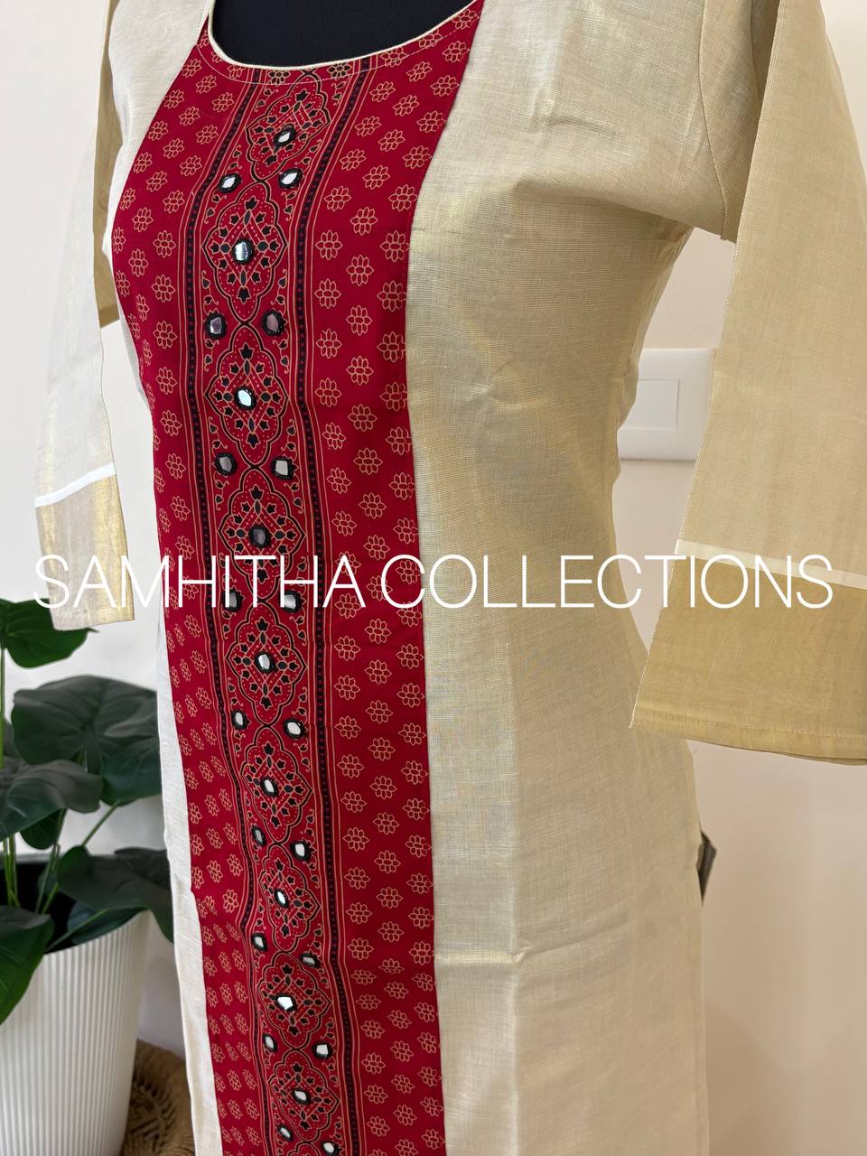 SC3220 - Premium Kerala Tissue kurtis with Centre Panel Ajrakh Patch, Red Colour Ajrakh Patch