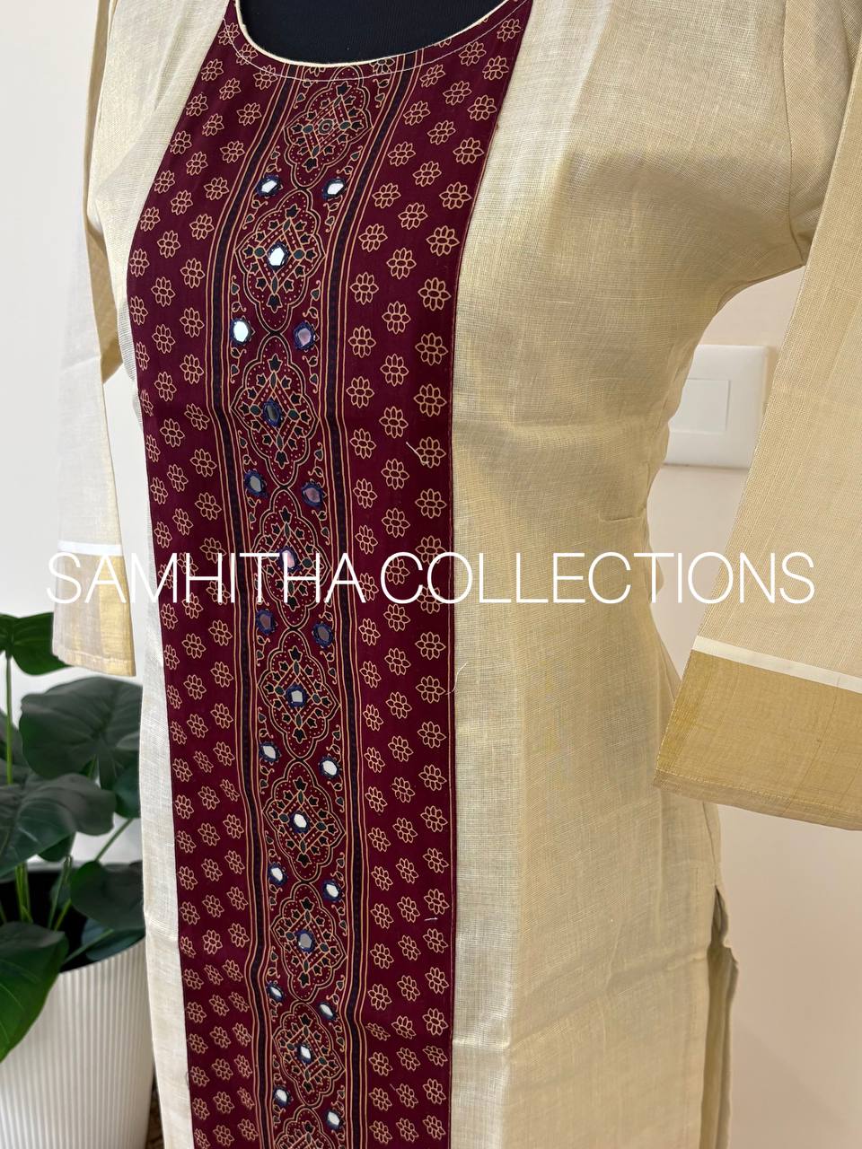 SC3225 - Premium Kerala Tissue kurtis with Centre Panel Ajrakh Patch, Purplish Maroon Colour Ajrakh Patch