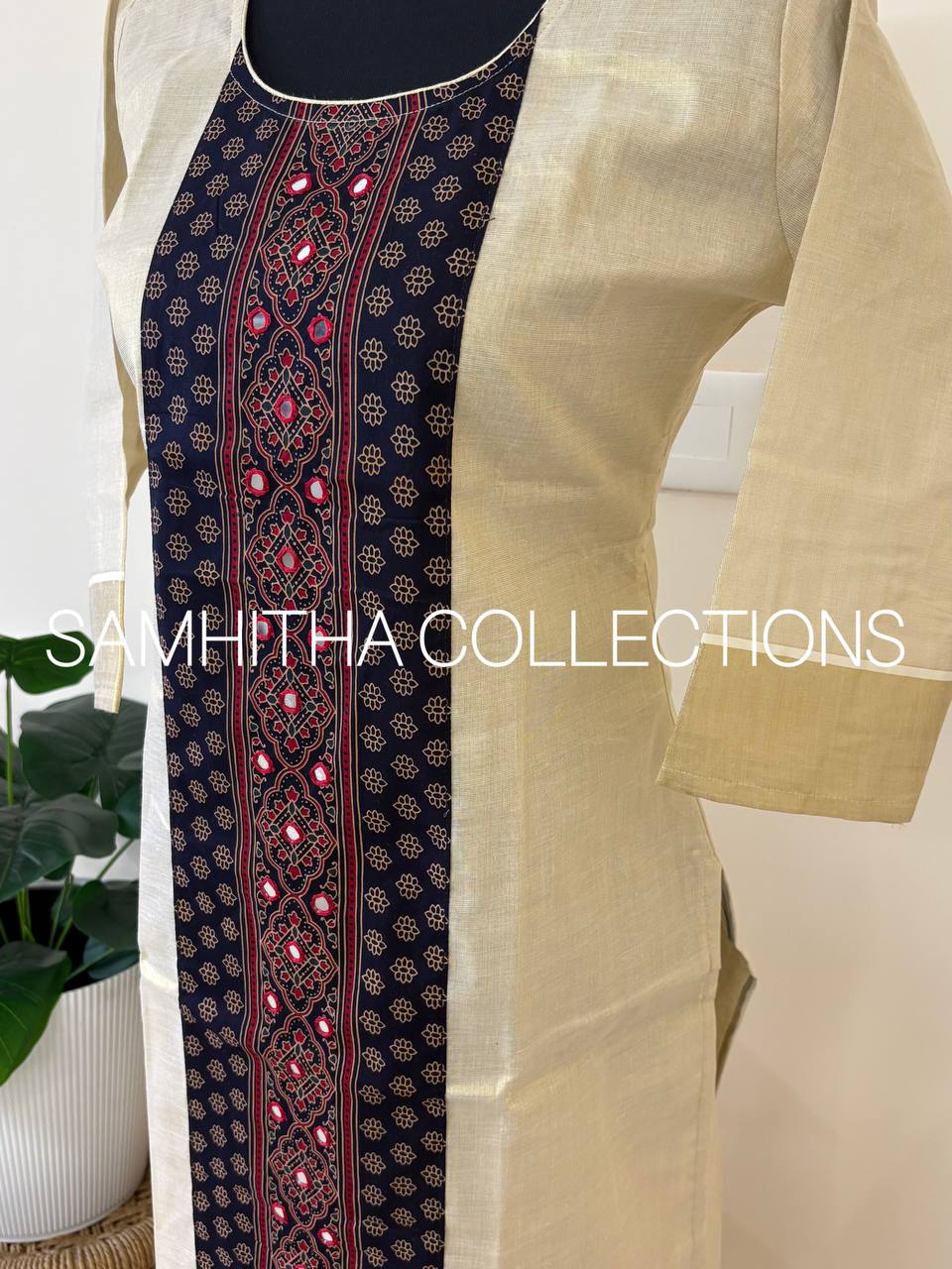 SC3230 - Premium Kerala Tissue kurtis with Centre Panel Ajrakh Patch, Midnight Blue Colour Ajrakh Patch
