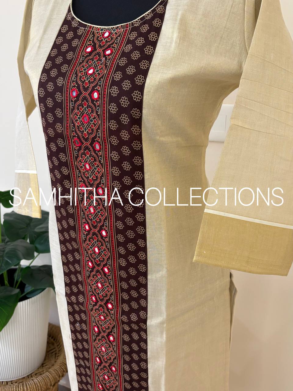 SC3235 - Premium Kerala Tissue kurtis with Centre Panel Ajrakh Patch, Dark kashish Brown Colour Ajrakh Patch