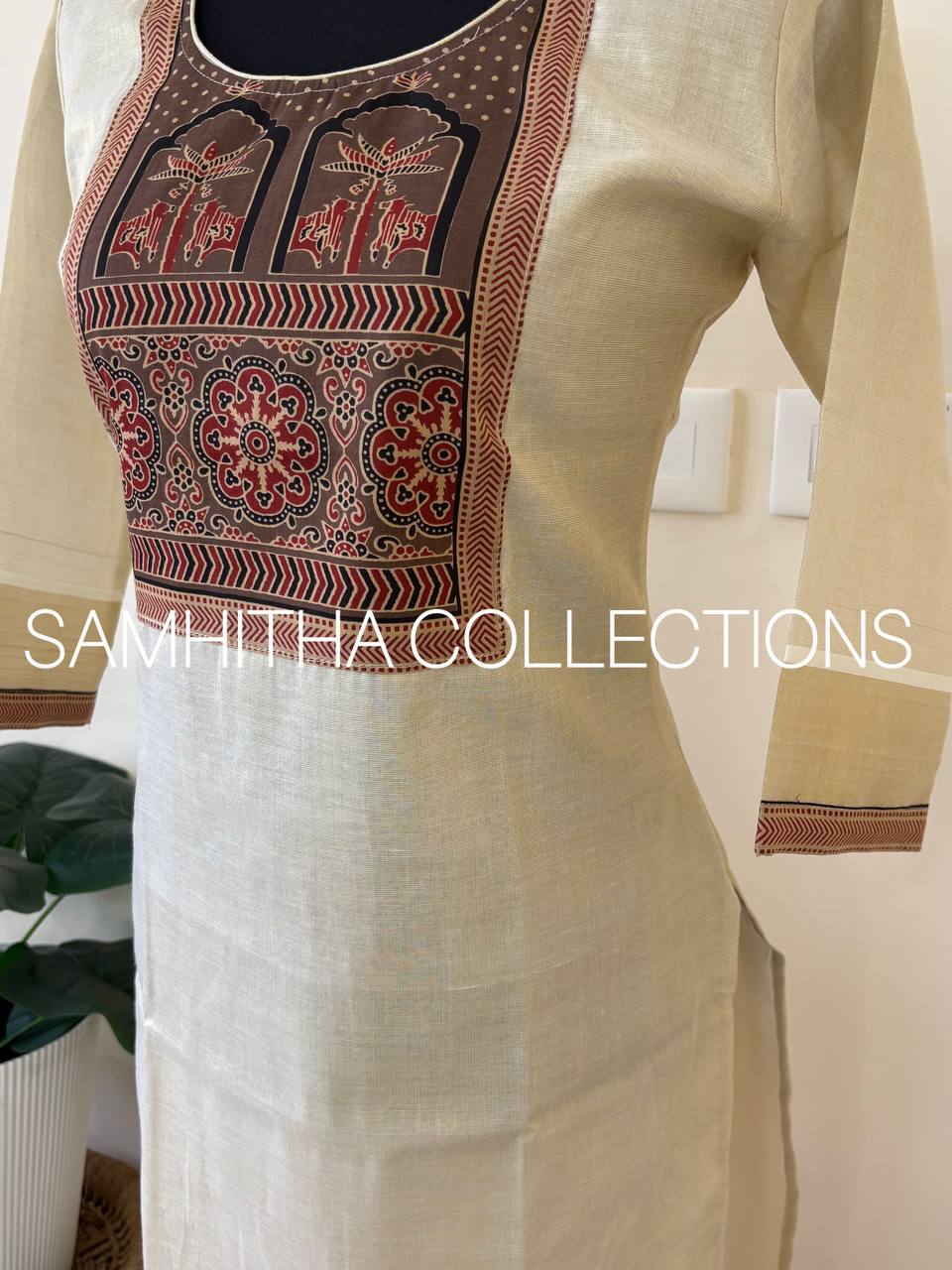 SC3240 - Premium Kerala Tissue kurtis with Ajrakh Patch on yoke, Light kashish Brown Colour Patch