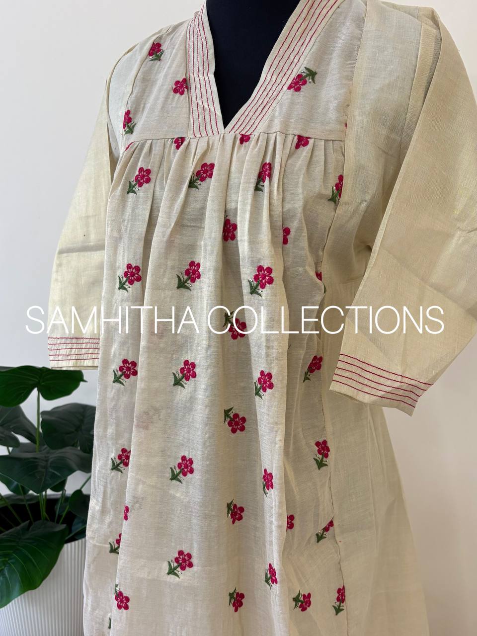 SC3245 - Premium Kerala Tissue kurtis with beautiful floral embroidery, Pink with Green embroidery