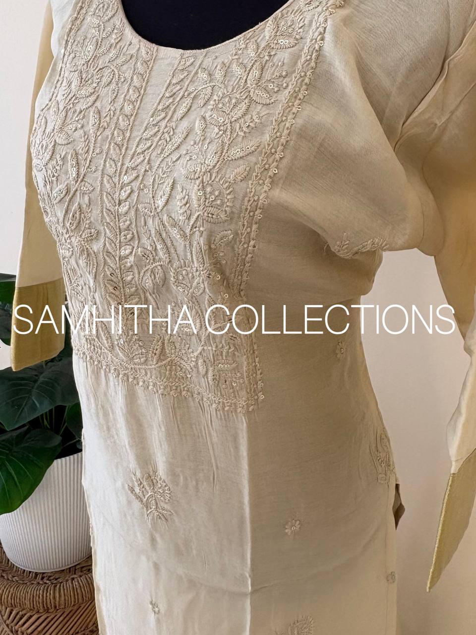 SC3270 - Premium Mul Chanderi kurtis with chikankari inspired embroidery and kasavu border on sleeves, Cream colour embroidery