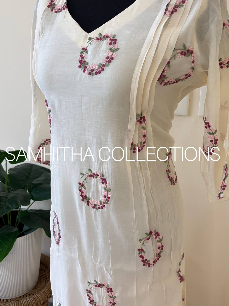 SC3305 - Premium Mul Chanderi Aline Long Frock dress, Heavily Thread embroidered in Shades of Onion Pink and Baby Pink